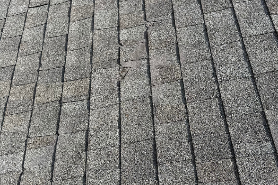 Cracked and splitting shingles from tree branch rubbing damage — Rob's boot visible at bottom