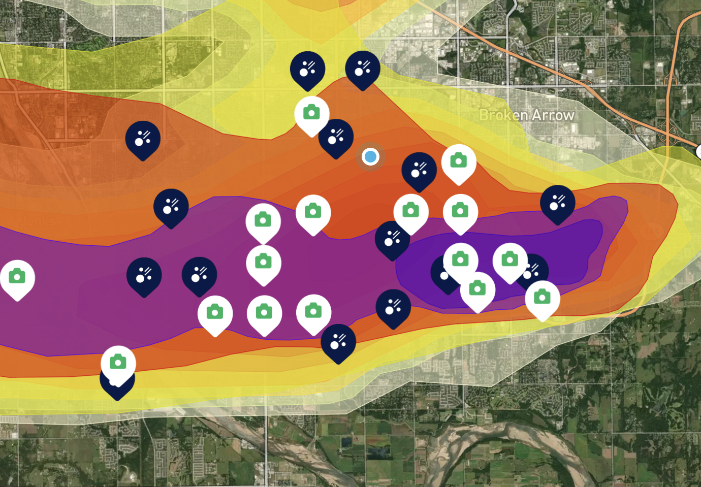 Hail storm impact map over Broken Arrow/Tulsa — purple heaviest hail zone, damage report pins