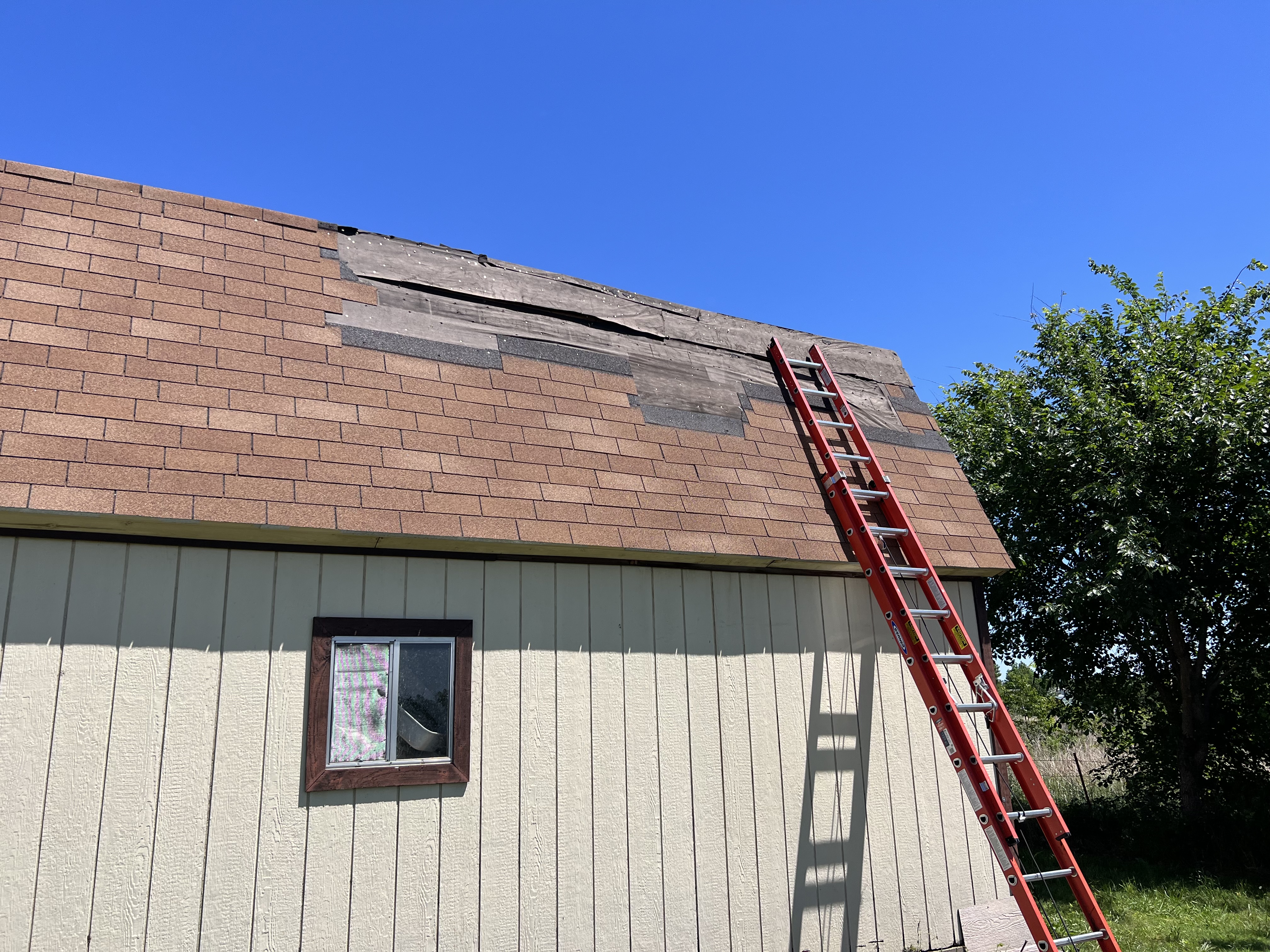 Large section of shingles blown off roof — exposed decking, ladder, blue sky