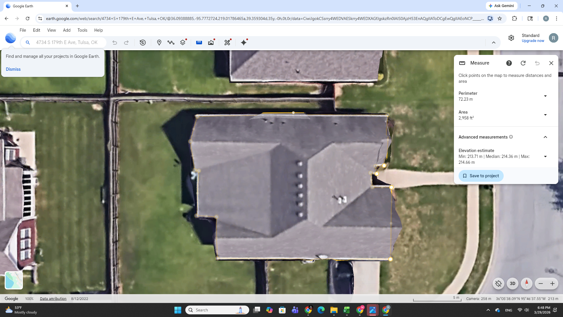 Google Earth measure tool showing attic square footage calculation for 1/300 ventilation rule